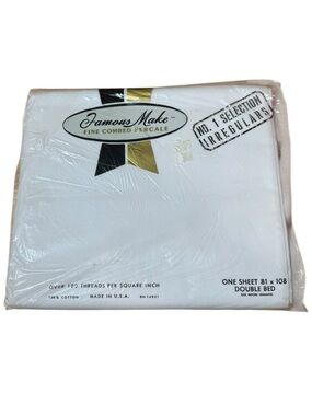 Vintage Famous Make Percale Sheet Double 81x108 White NOS USA Cotton Irregular
